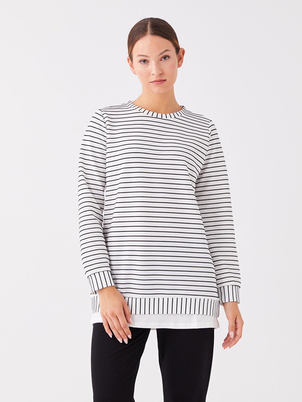 Crew Neck Striped Long Sleeve Women's Tunic