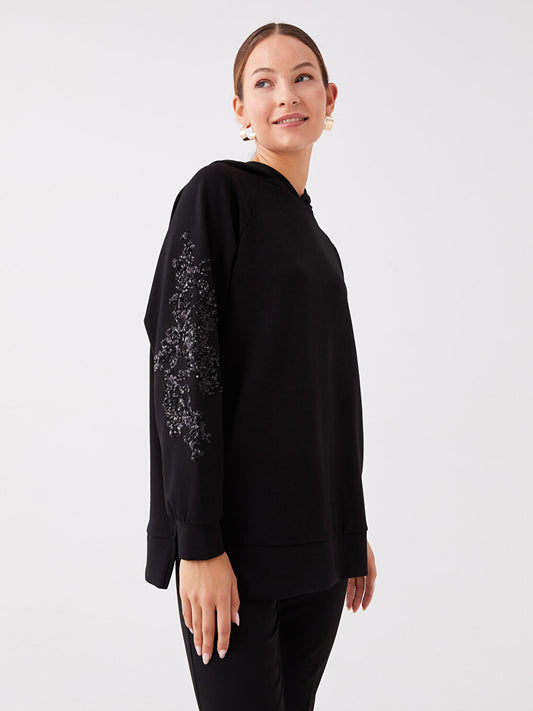 Hooded Sequin Embroidered Long Sleeve Oversize Women's Tunic