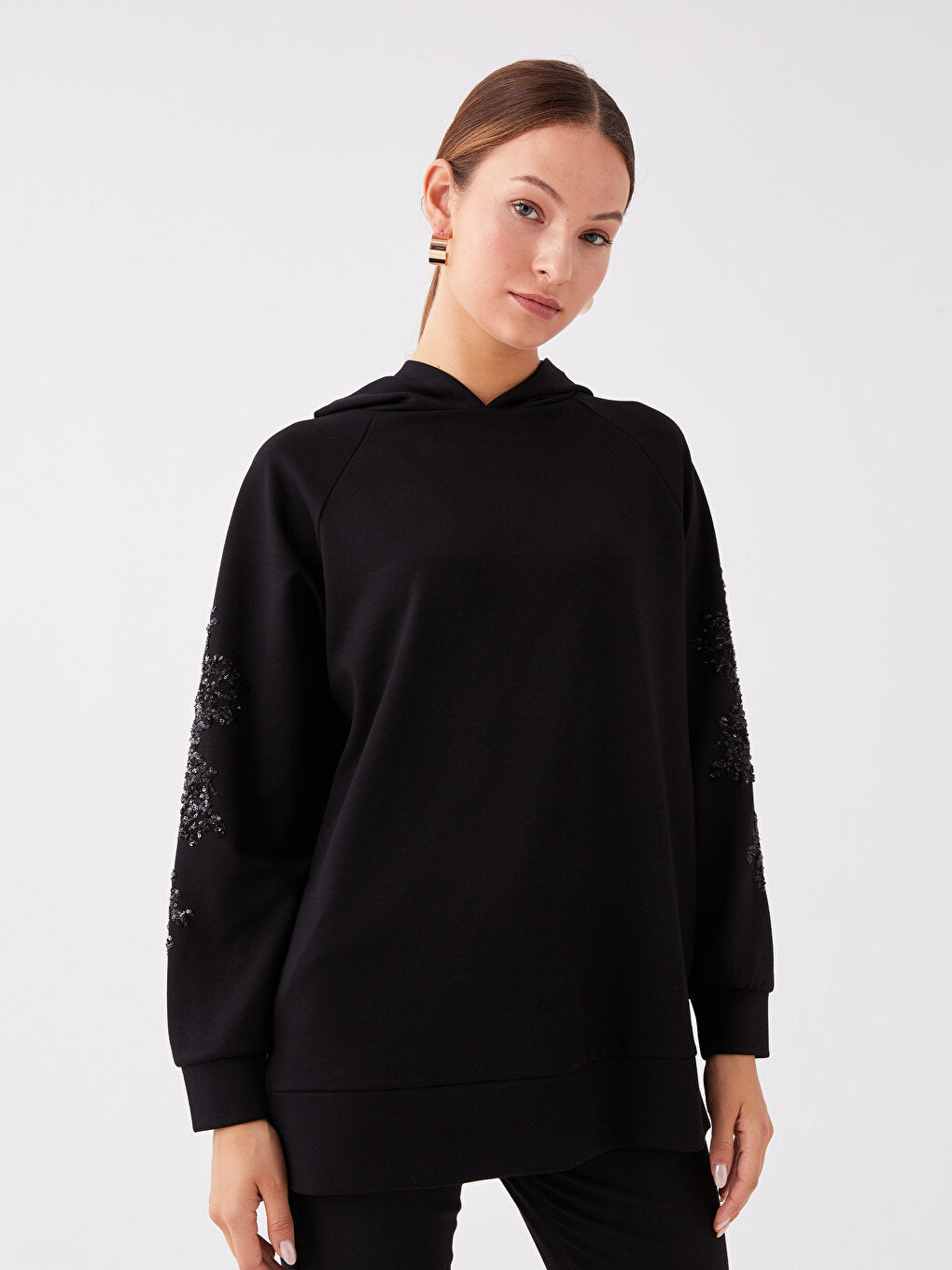 Hooded Sequin Embroidered Long Sleeve Oversize Women's Tunic