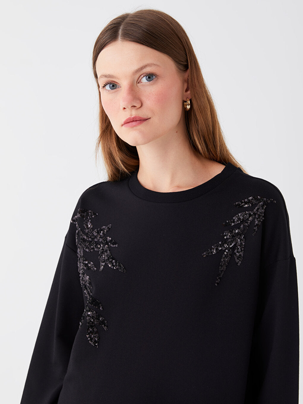 Crew Neck Sequin Embroidered Long Sleeve Oversize Women's Tunic