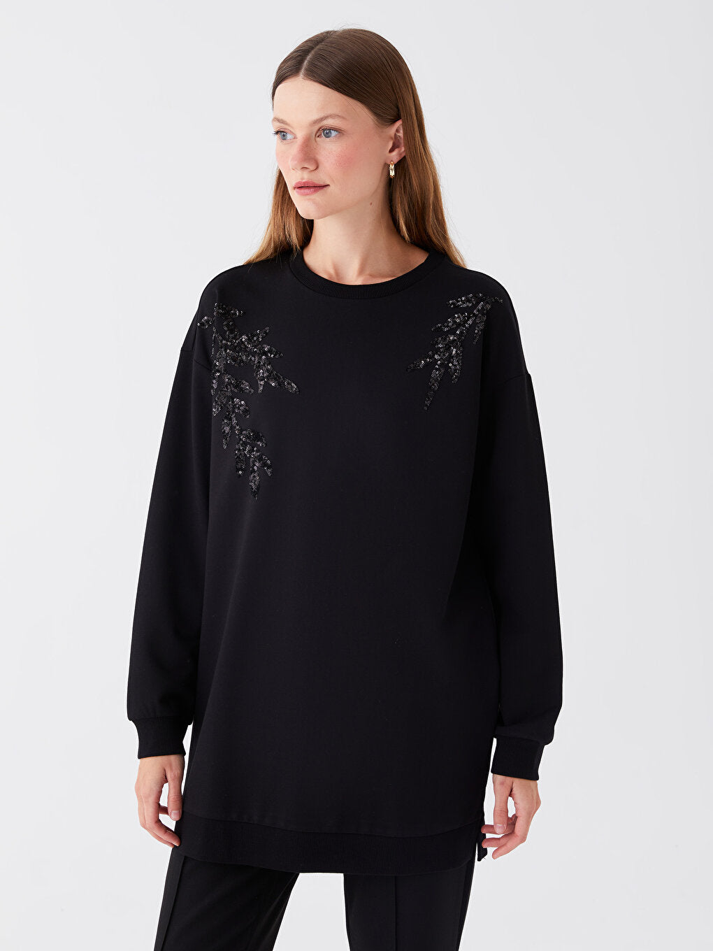 Crew Neck Sequin Embroidered Long Sleeve Oversize Women's Tunic