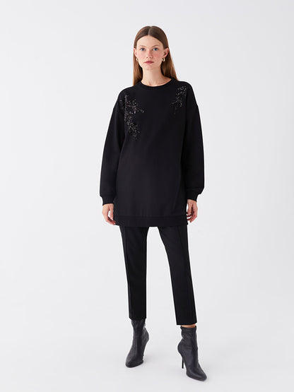 Crew Neck Sequin Embroidered Long Sleeve Oversize Women's Tunic