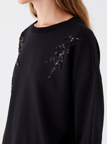 Crew Neck Sequin Embroidered Long Sleeve Oversize Women's Tunic