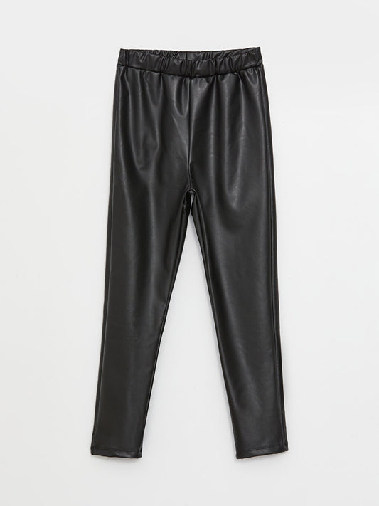 Leather Look Girls' Trousers with Elastic Waist