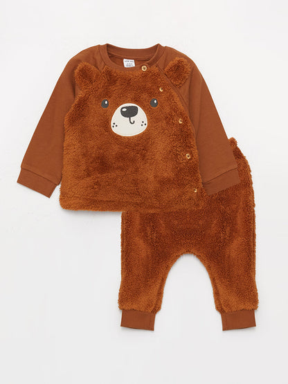 Crew Neck Long Sleeve Embroidered Plush Baby Boy Sweatshirt and Sweatpants