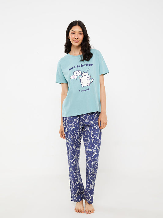 Crew Neck Printed Short Sleeve Women's Pajama Set