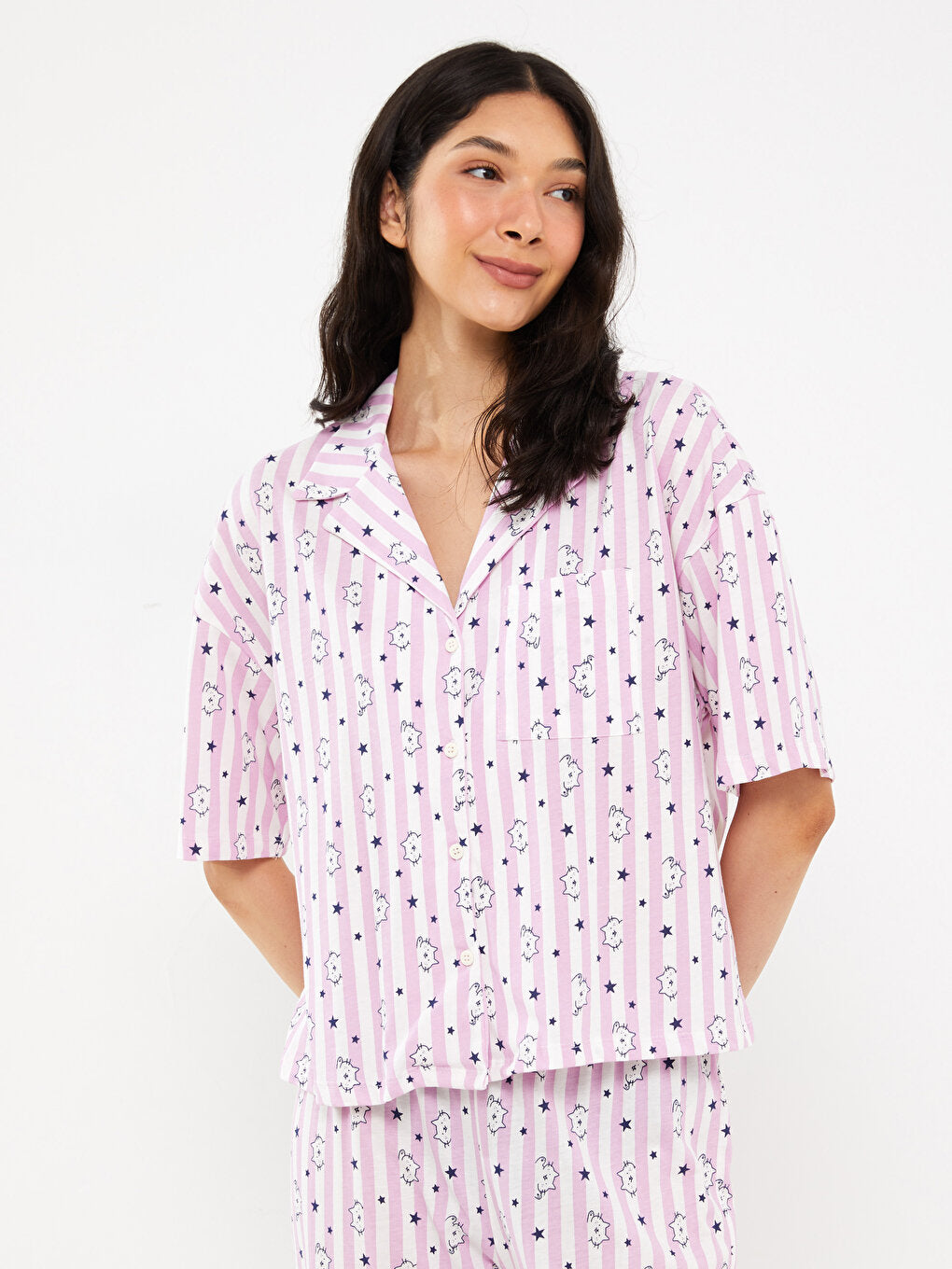 Shirt Collar Printed Short Sleeve Women's Pajama Set