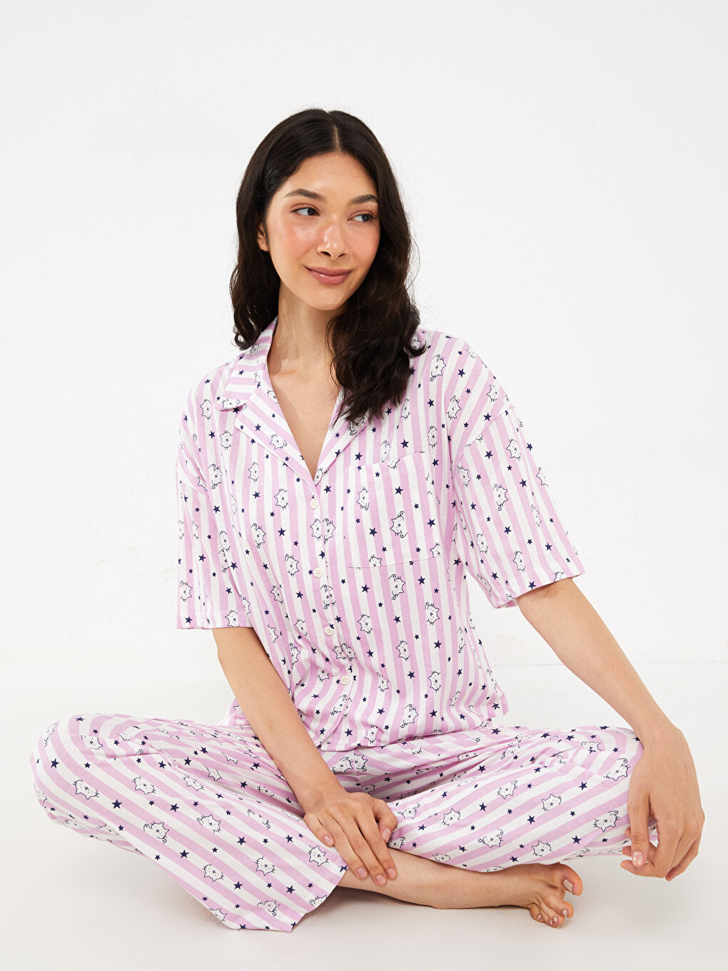 Shirt Collar Printed Short Sleeve Women's Pajama Set