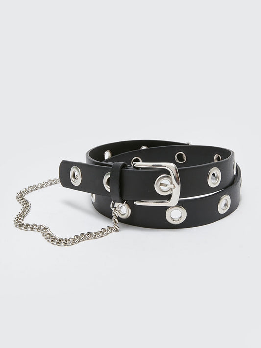 Leather Look Women's Belt with Chain Detail