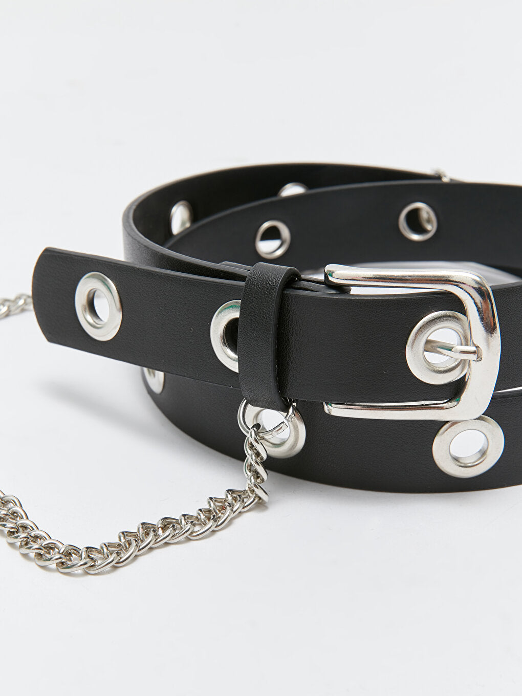 Leather Look Women's Belt with Chain Detail