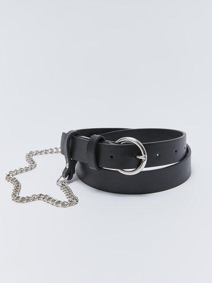 Leather Look Women's Belt with Chain Detail