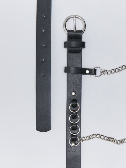 Leather Look Women's Belt with Chain Detail