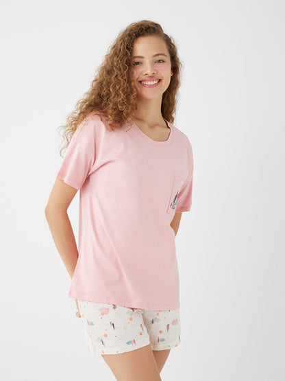 Crew Neck Printed Short Sleeve Women's Pajama Set with Shorts