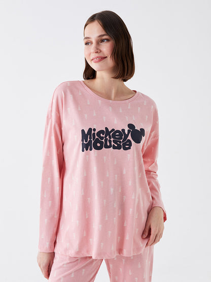 Crew Neck Mickey Mouse Printed Long Sleeve Women's Pajama Set