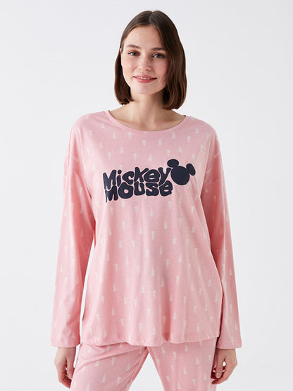 Crew Neck Mickey Mouse Printed Long Sleeve Women's Pajama Set