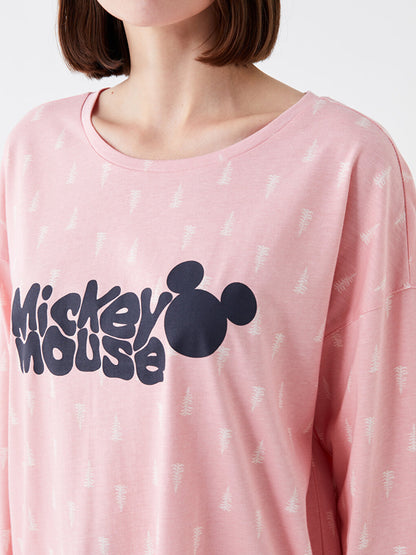 Crew Neck Mickey Mouse Printed Long Sleeve Women's Pajama Set