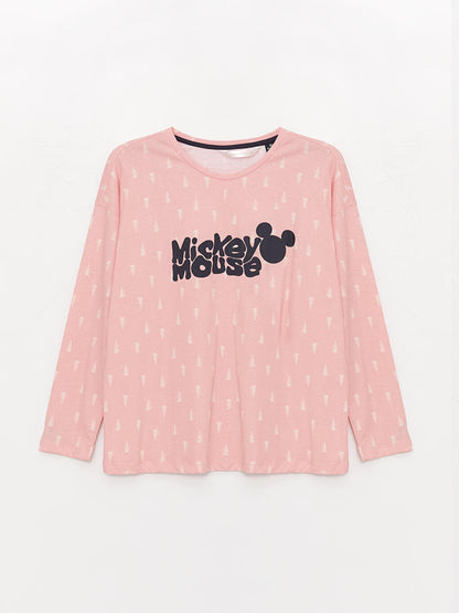 Crew Neck Mickey Mouse Printed Long Sleeve Women's Pajama Set