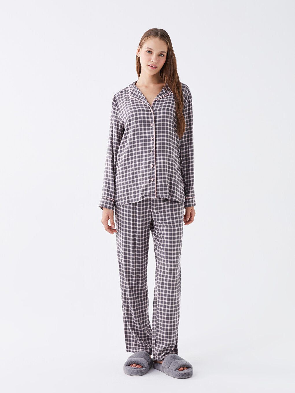 Shirt Collar Plaid Long Sleeve Women's Pajama Set