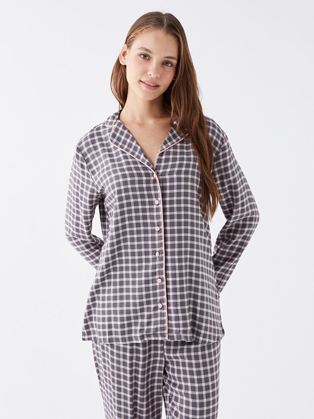 Shirt Collar Plaid Long Sleeve Women's Pajama Set