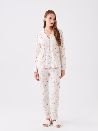 Shirt Collar Patterned Long Sleeve Women's Pajama Set