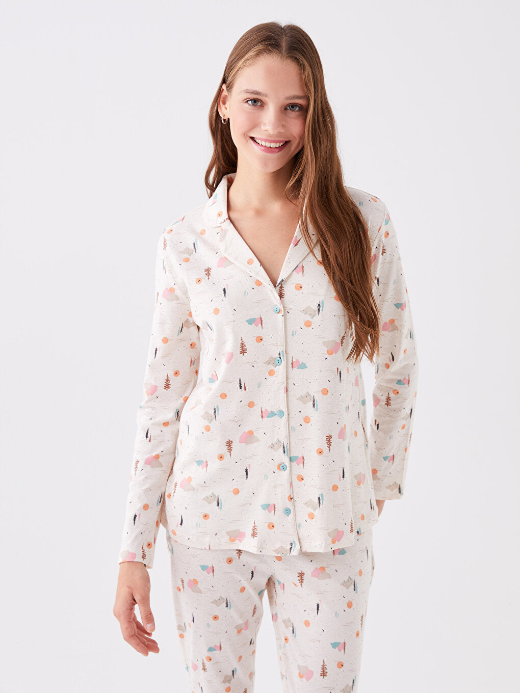 Shirt Collar Patterned Long Sleeve Women's Pajama Set