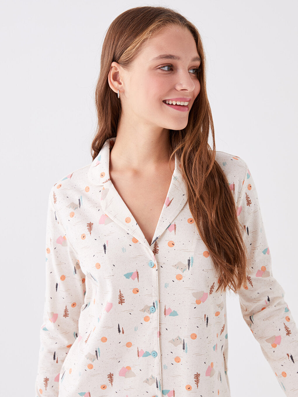 Shirt Collar Patterned Long Sleeve Women's Pajama Set