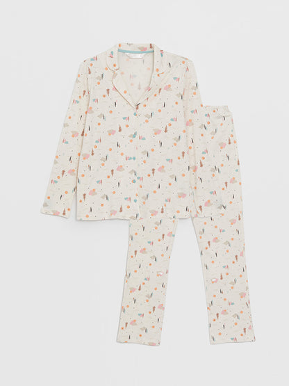 Shirt Collar Patterned Long Sleeve Women's Pajama Set