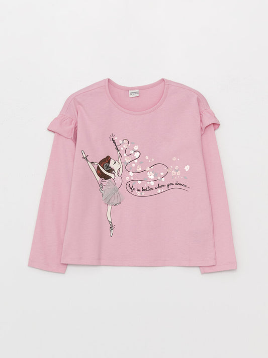 Crew Neck Printed Long Sleeve Girls' T-Shirt