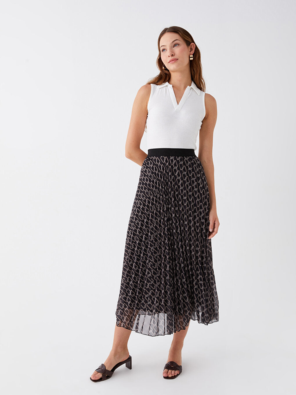 Patterned Pleated Chiffon Women's Skirt with Elastic Waist