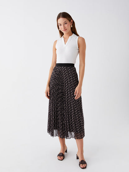 Patterned Pleated Chiffon Women's Skirt with Elastic Waist