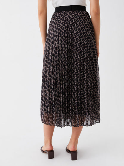 Patterned Pleated Chiffon Women's Skirt with Elastic Waist