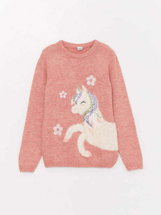 Crew Neck Patterned Long Sleeve Girl's Knitwear Sweater