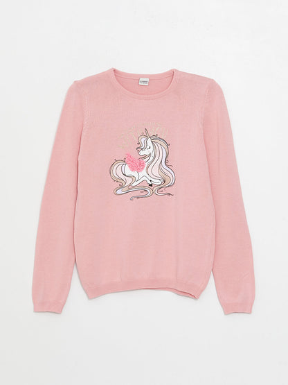 Crew Neck Printed Long Sleeve Girl's Knitwear Sweater