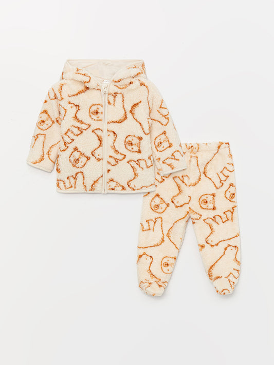 Hooded Long Sleeve Patterned Unisex Baby Plush Tracksuit Set of 2