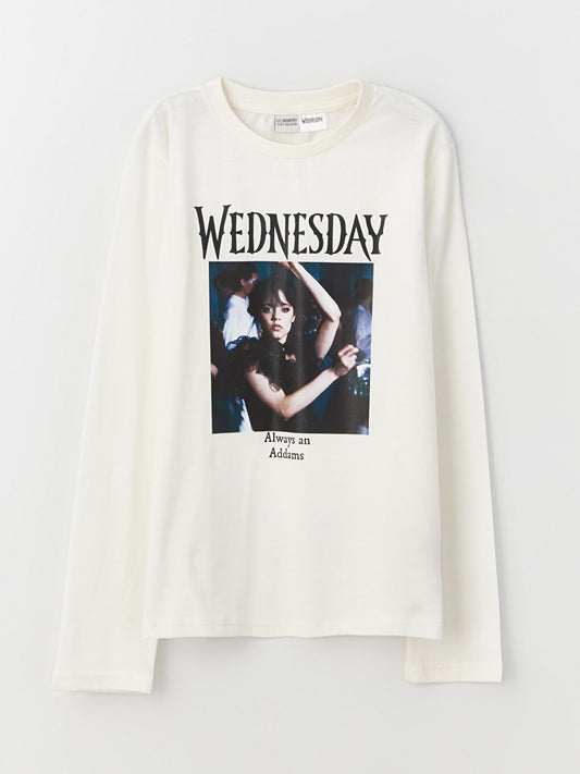 Crew Neck Wednesday Printed Long Sleeve Girls' T-Shirt