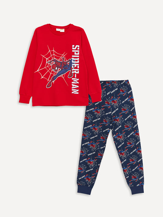 Crew Neck Spiderman Printed Long Sleeve Boys' Pajama Set