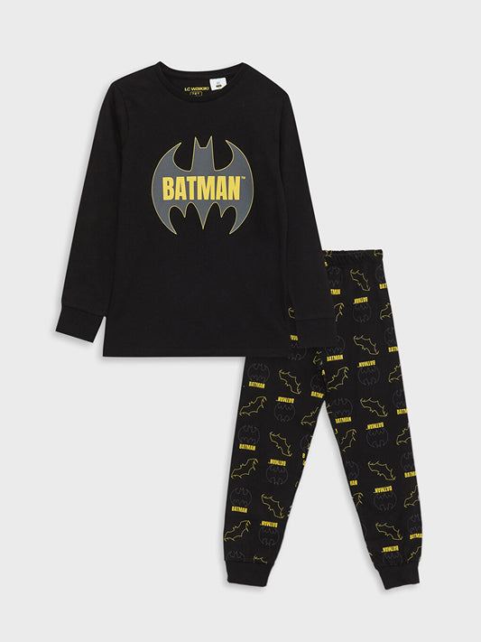 Crew Neck Batman Printed Long Sleeve Boys' Pajama Set