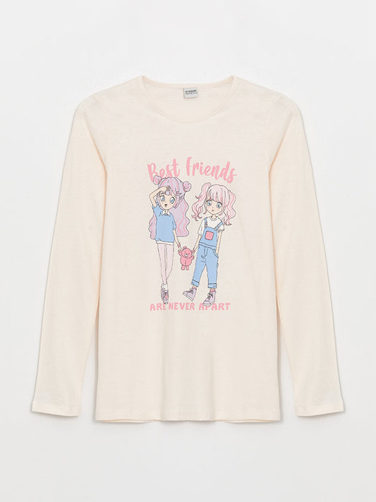 Crew Neck Printed Long Sleeve Girls' T-Shirt