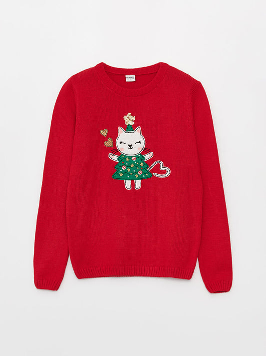 Crew Neck New Year Themed Long Sleeve Girl's Knitwear Sweater