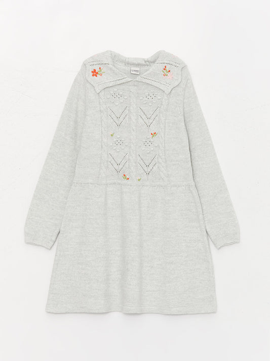 Baby Collar Embroidered Long Sleeve Girl's Knitwear Dress