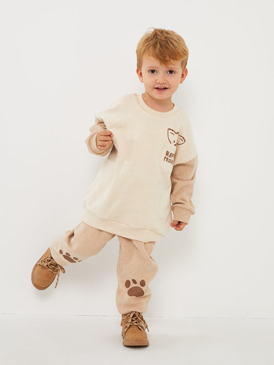 Crew Neck Long Sleeve Printed Baby Boy Sweatshirt and Tracksuit Bottom 2-Piece Set