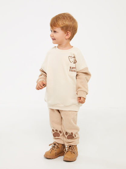 Crew Neck Long Sleeve Printed Baby Boy Sweatshirt and Tracksuit Bottom 2-Piece Set