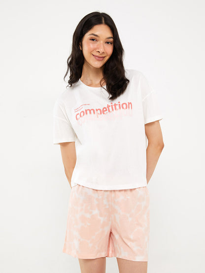 Crew Neck Printed Short Sleeve Women's Pajama Set with Shorts