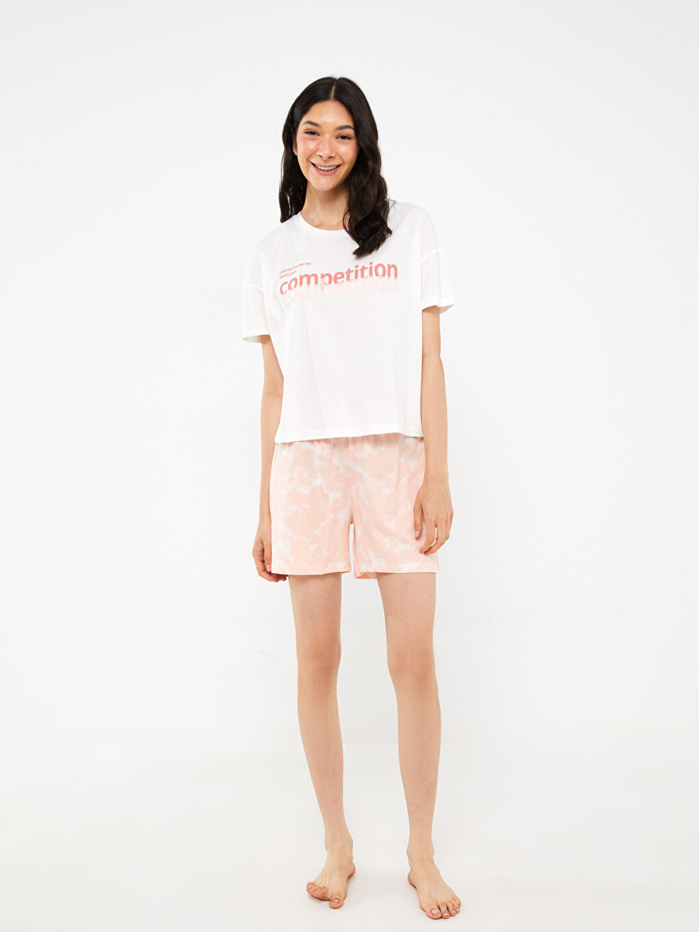 Crew Neck Printed Short Sleeve Women's Pajama Set with Shorts