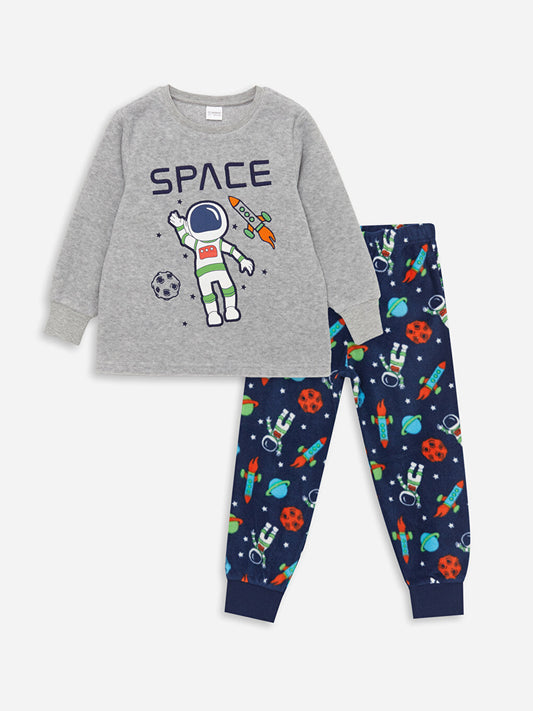 Crew Neck Printed Long Sleeve Fleece Boys' Pajama Set