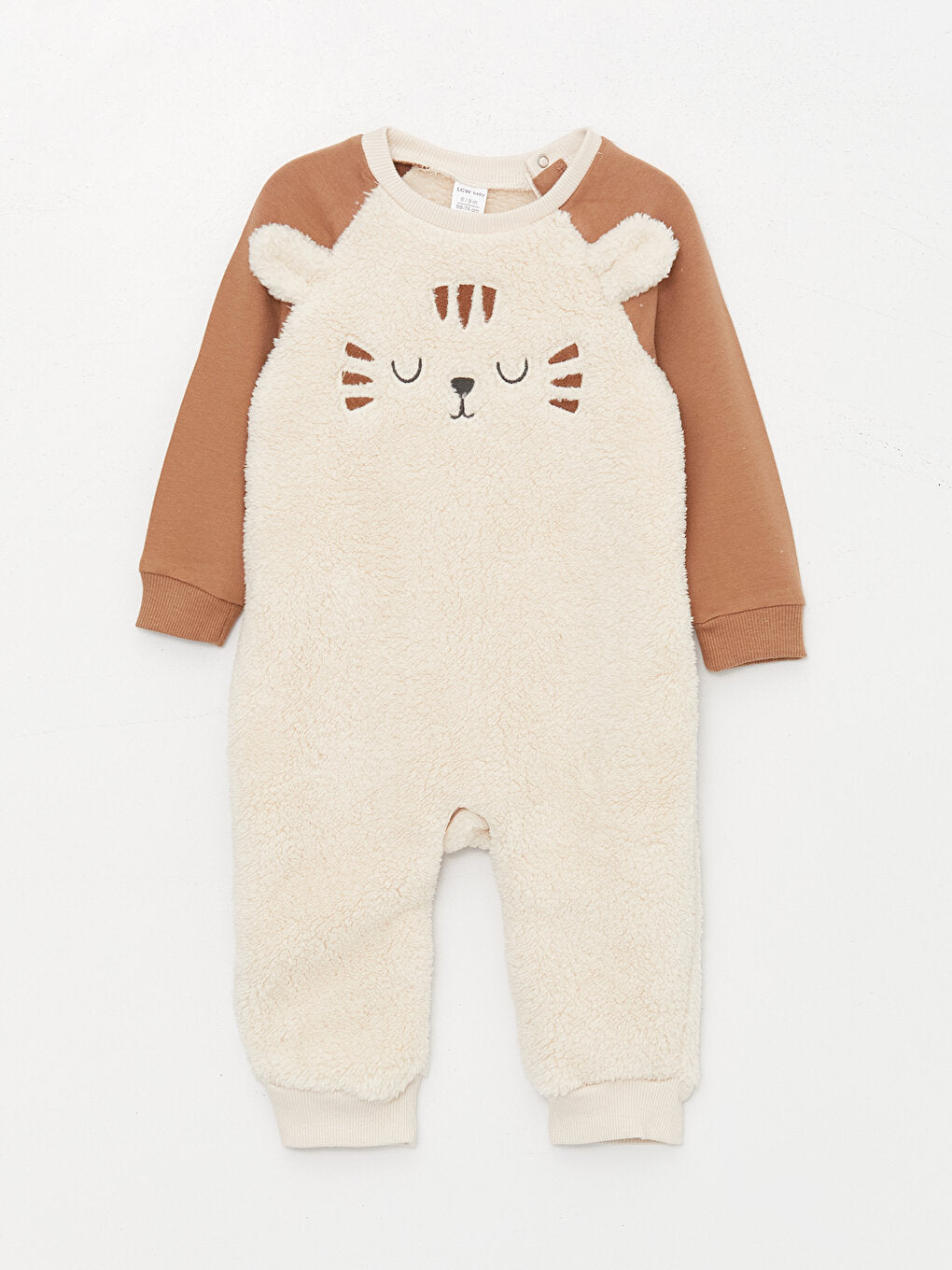 Crew Neck Long Sleeve Embroidery Detailed Baby Boy Plush Jumpsuit