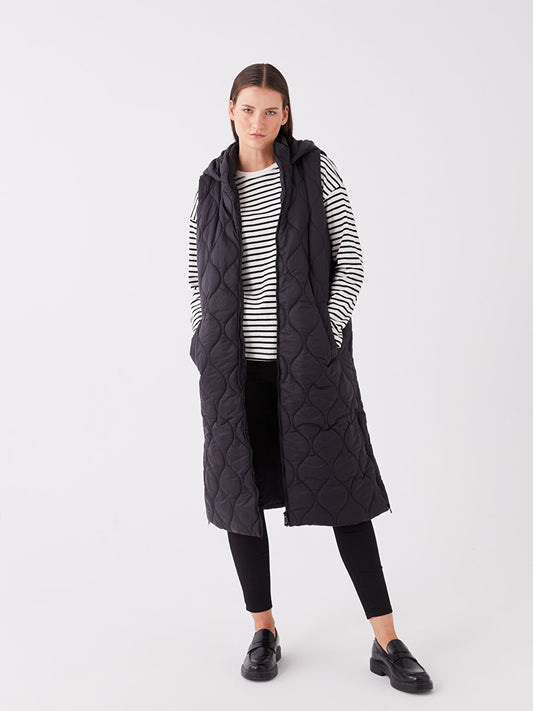 Hooded Self-Patterned Women's Puffer Vest