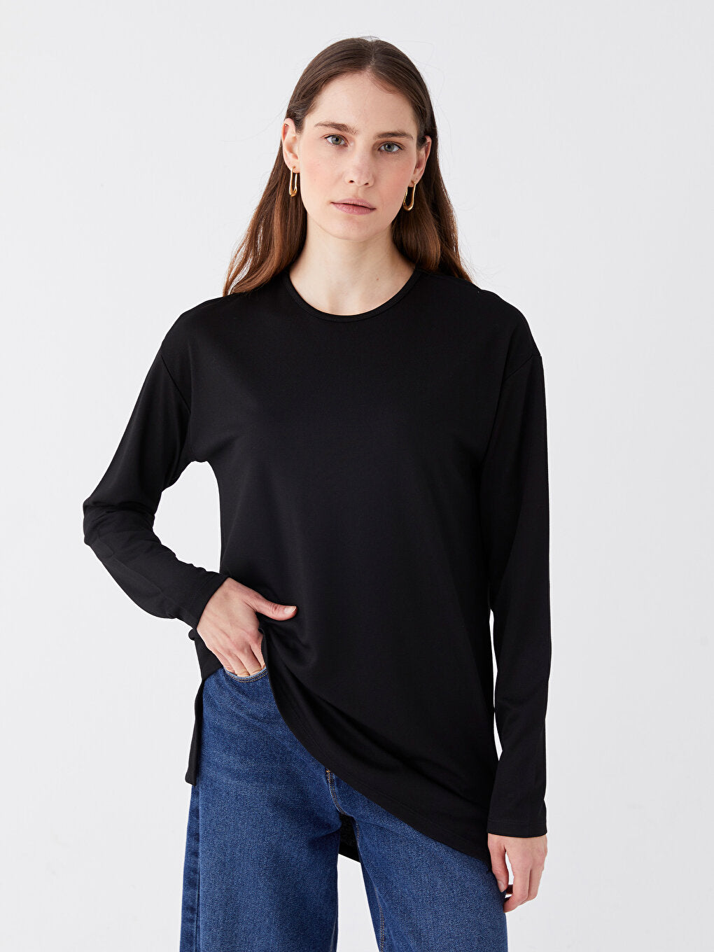 Crew Neck Plain Long Sleeve Women's Tunic