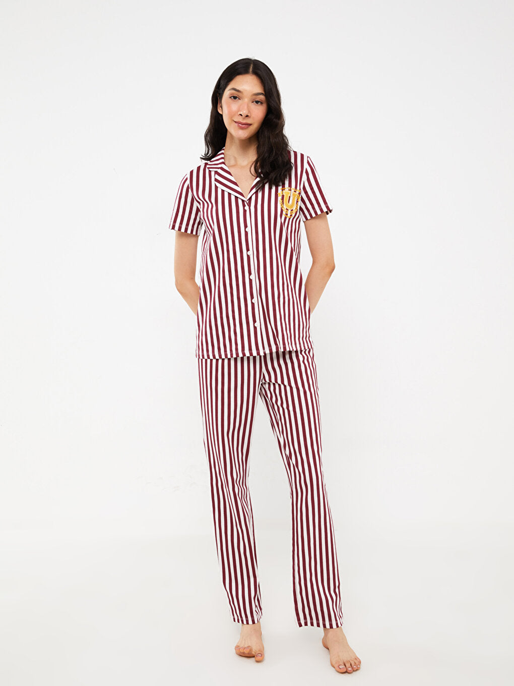 Shirt Collar Striped Short Sleeve Women's Pajama Set