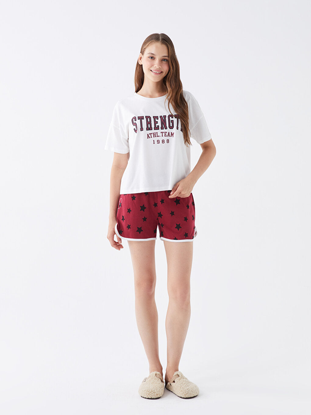 Crew Neck Printed Short Sleeve Women's Pajama Set with Shorts